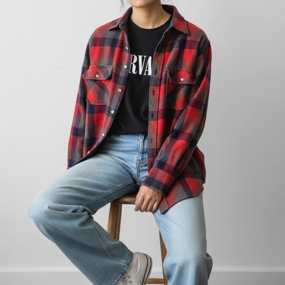 Vintage 100% Wool Shacket Flannel Shirt Grunge Cabincore Plaid Heritage L